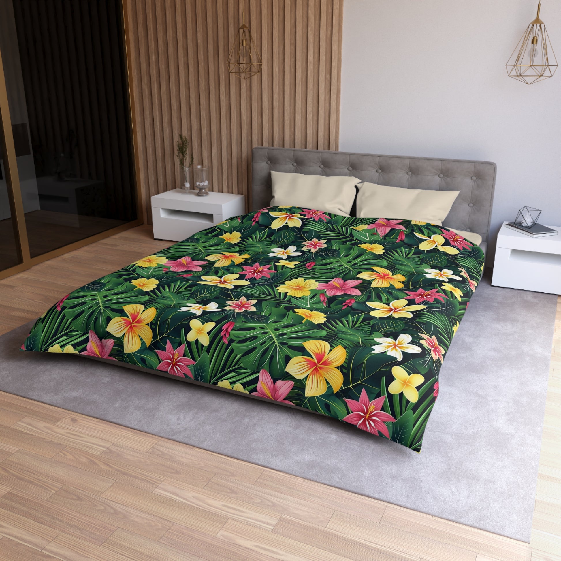 "Lush tropical duvet cover with bold botanical prints – lightweight microfiber bedding for vibrant summer bedroom decor"