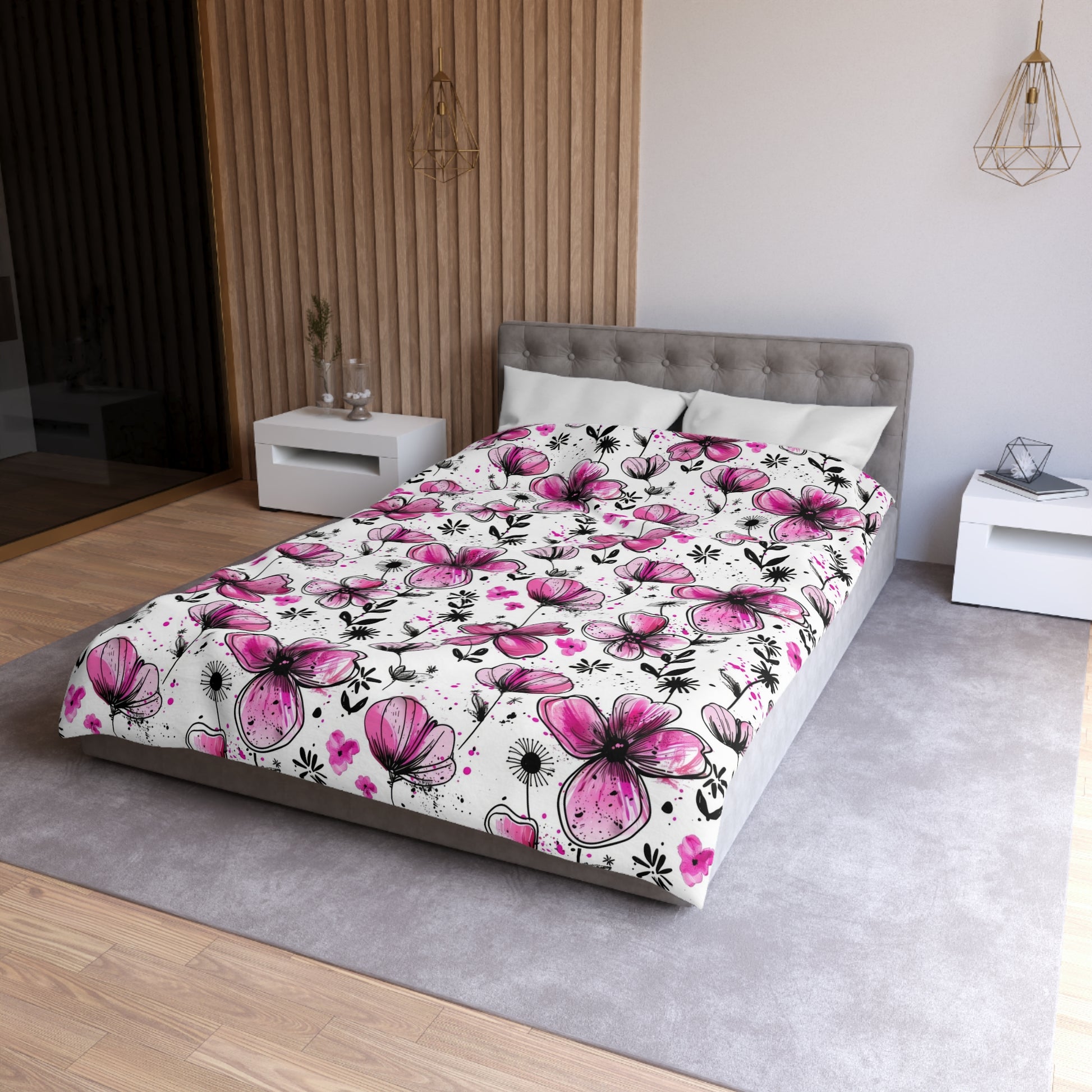 "Modern inky petals duvet cover with seamless floral design – soft microfiber bedding for stylish adult bedrooms"