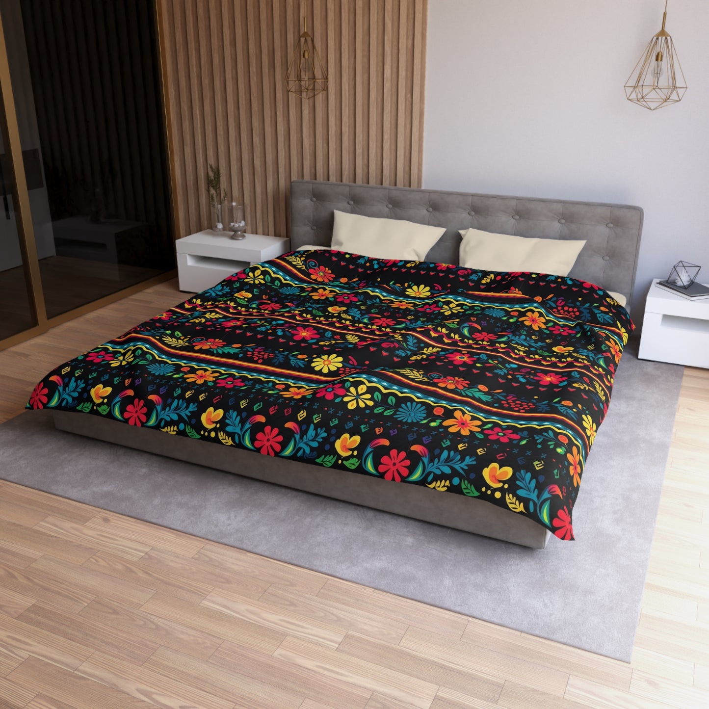 "Colorful Mexican floral duvet cover on bed – soft microfiber fabric with vibrant boho design for festive bedroom décor"