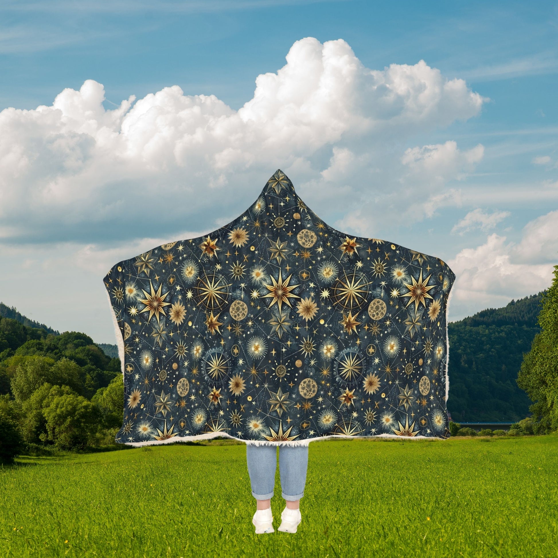 "Celestial hooded throw blanket with starry sky pattern – sherpa or microfleece snuggle blanket for holidays and home comfort"