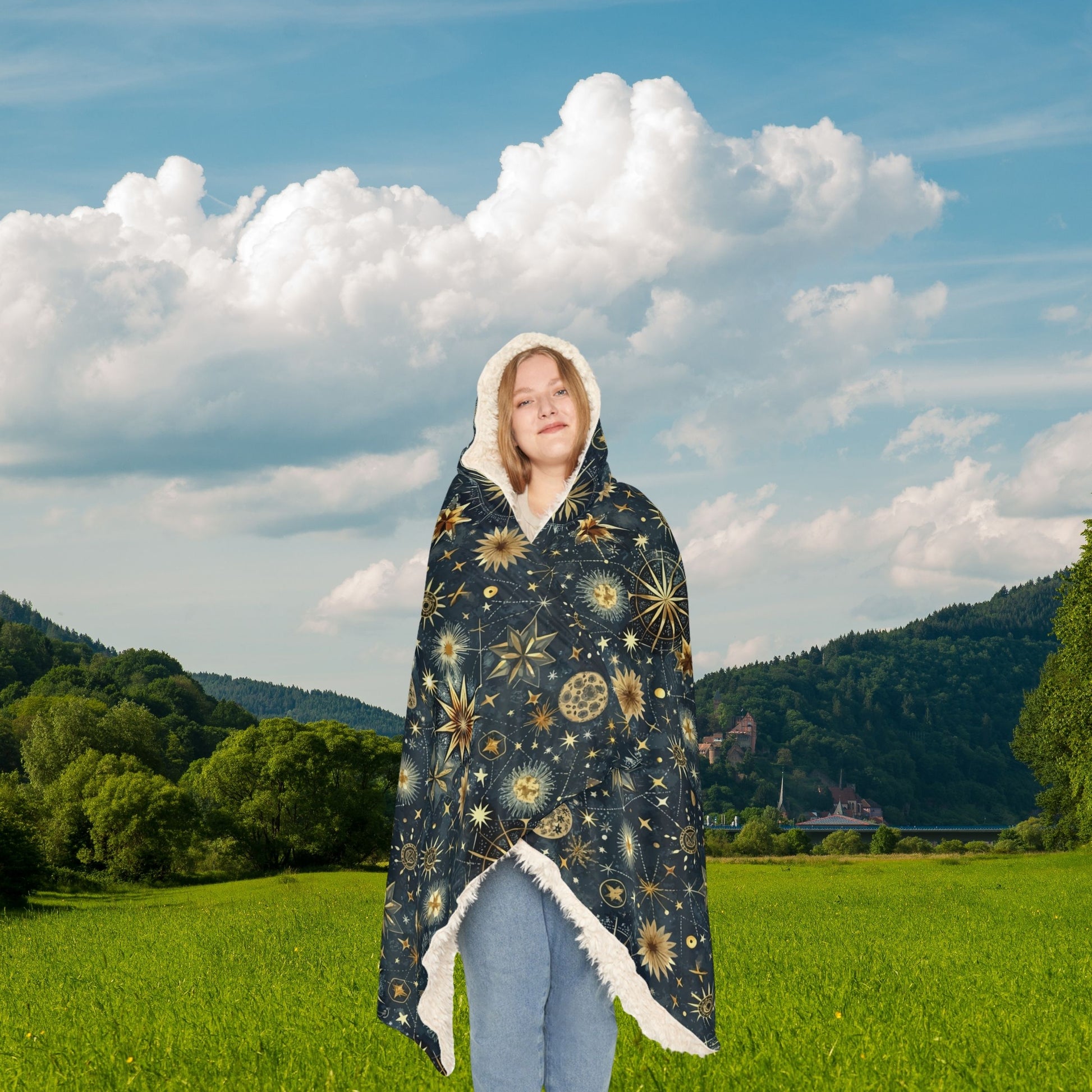 "Celestial hooded throw blanket with starry sky pattern – sherpa or microfleece snuggle blanket for holidays and home comfort"