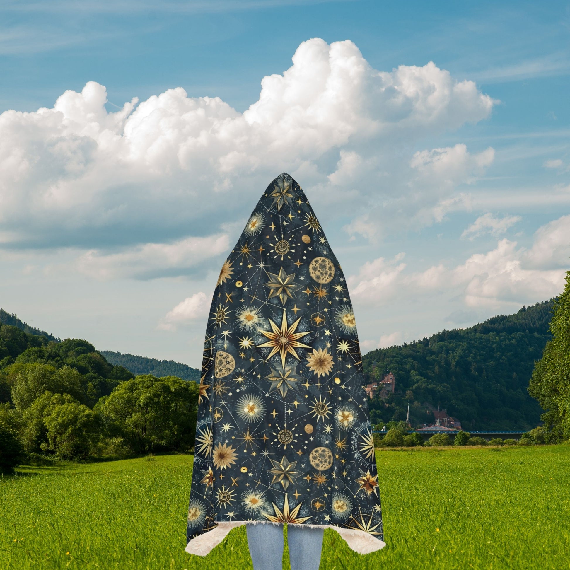 "Celestial hooded throw blanket with starry sky pattern – sherpa or microfleece snuggle blanket for holidays and home comfort"