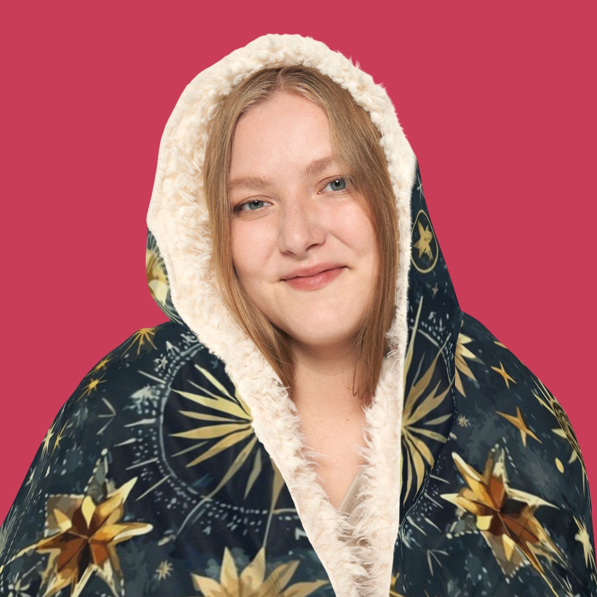 "Celestial hooded throw blanket with starry sky pattern – sherpa or microfleece snuggle blanket for holidays and home comfort"