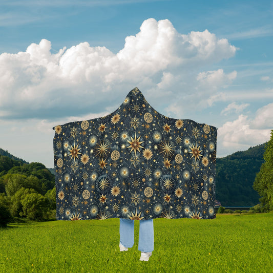 "Celestial hooded throw blanket with starry sky pattern – sherpa or microfleece snuggle blanket for holidays and home comfort"