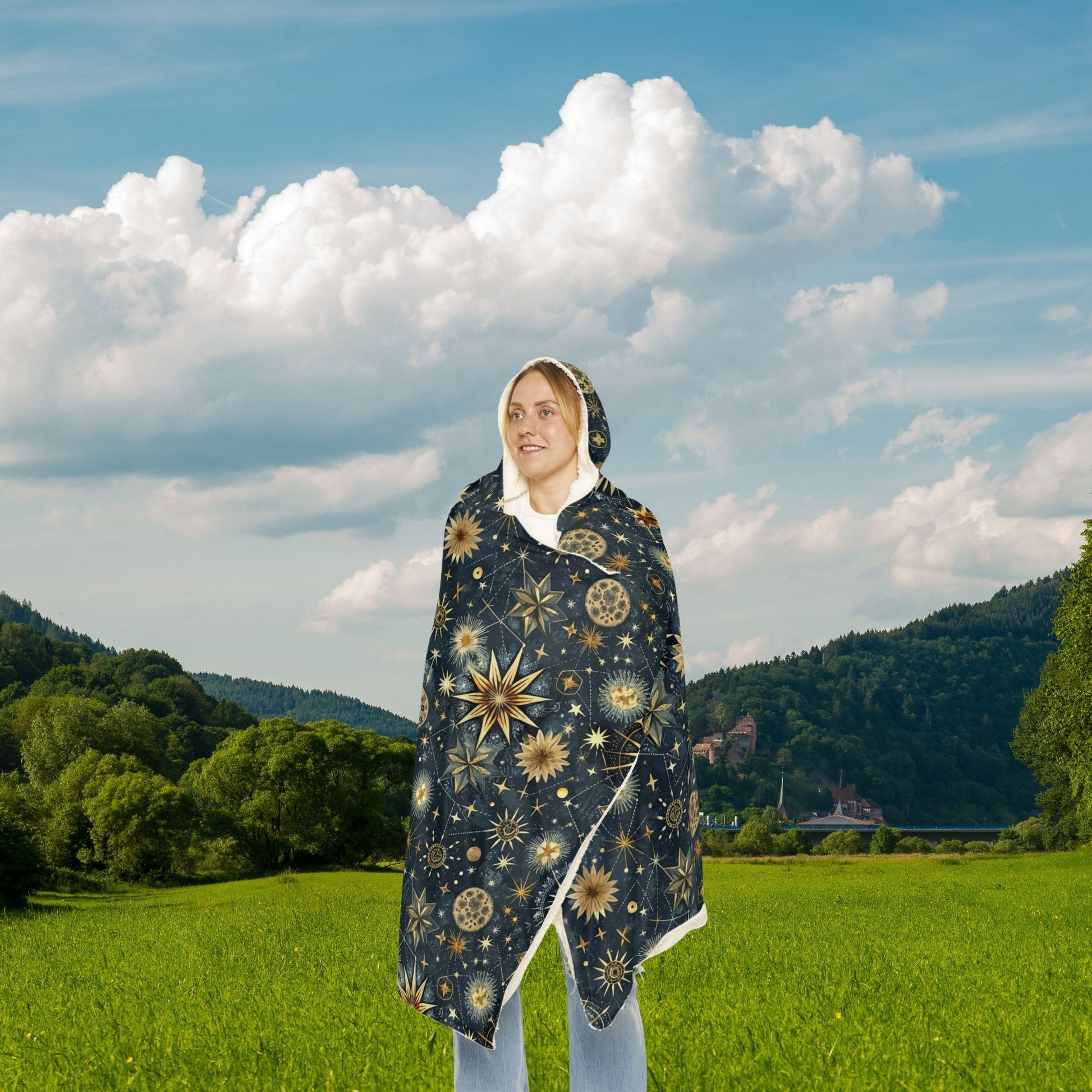 "Celestial hooded throw blanket with starry sky pattern – sherpa or microfleece snuggle blanket for holidays and home comfort"