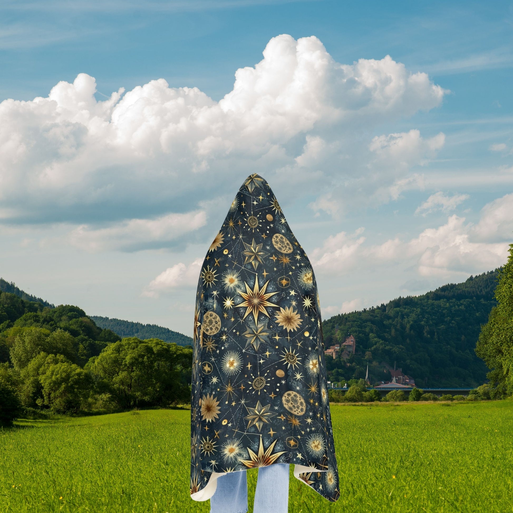 "Celestial hooded throw blanket with starry sky pattern – sherpa or microfleece snuggle blanket for holidays and home comfort"